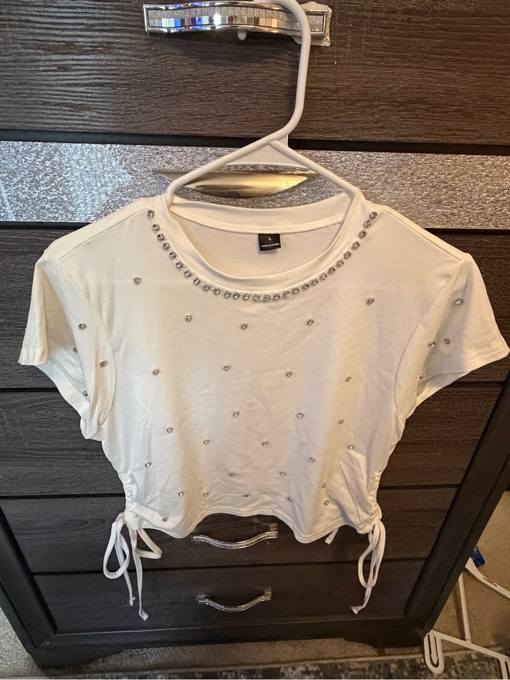SHEIN White Rhinestone Cropped Tee with Side Drawstrings